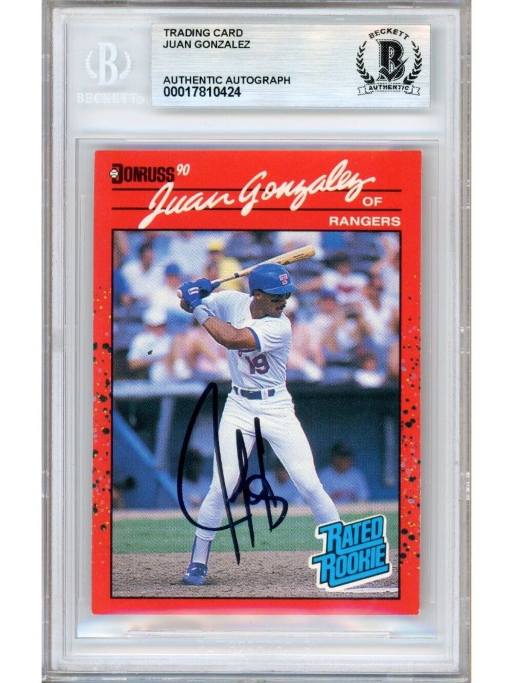 Juan Gonzalez Signed 1990 Donruss Rated Rookie #33 Rangers BAS Slabbed Auto MLB